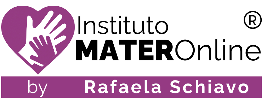 Logotipo do Instituto MaterOnline: Um coração de cor magenta com uma mão grande branca e uma segunda mão pequena de cor magenta sobrepondo a mão grande. Na frente deste coração está escrito Instituto MaterOnline by Rafaela Schiavo